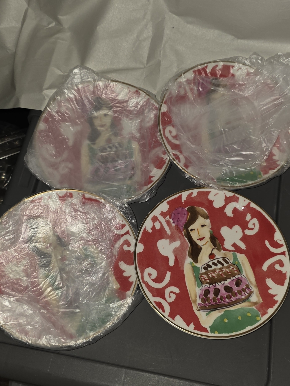 kate spade Red Dessert Plates with Woman Illustration